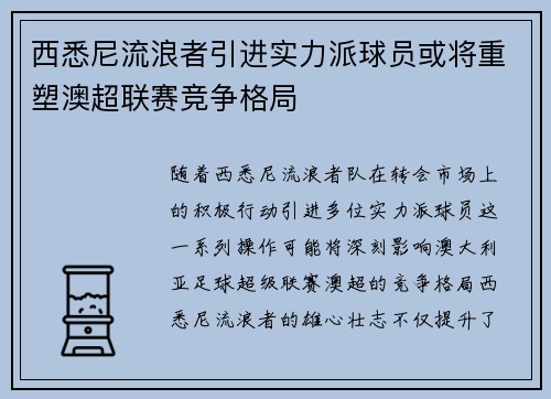 西悉尼流浪者引进实力派球员或将重塑澳超联赛竞争格局