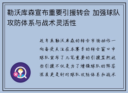 勒沃库森宣布重要引援转会 加强球队攻防体系与战术灵活性