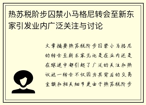 热苏税阶步囚禁小马格尼转会至新东家引发业内广泛关注与讨论