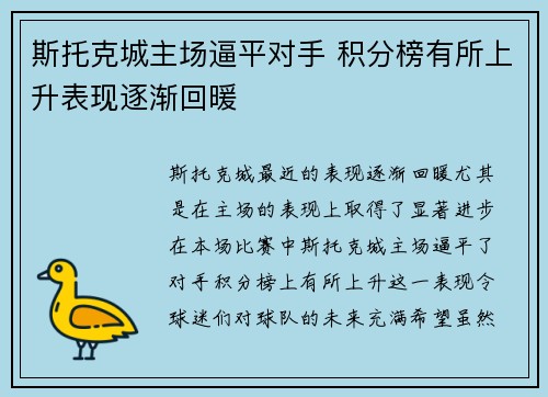 斯托克城主场逼平对手 积分榜有所上升表现逐渐回暖