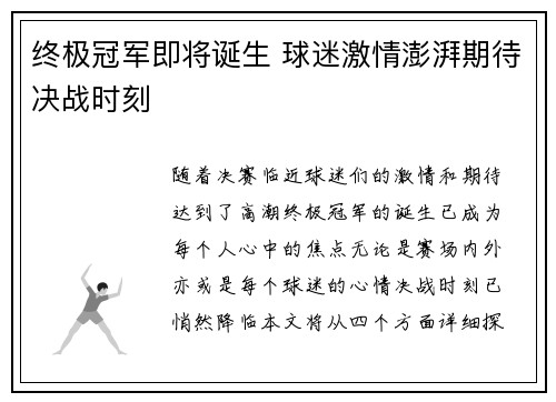 终极冠军即将诞生 球迷激情澎湃期待决战时刻