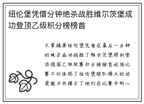 纽伦堡凭借分钟绝杀战胜维尔茨堡成功登顶乙级积分榜榜首