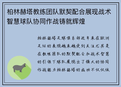 柏林赫塔教练团队默契配合展现战术智慧球队协同作战铸就辉煌